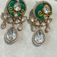 Gold Plated Green Statement Drop Earrings, Designer Kundan Style CZ Earrings