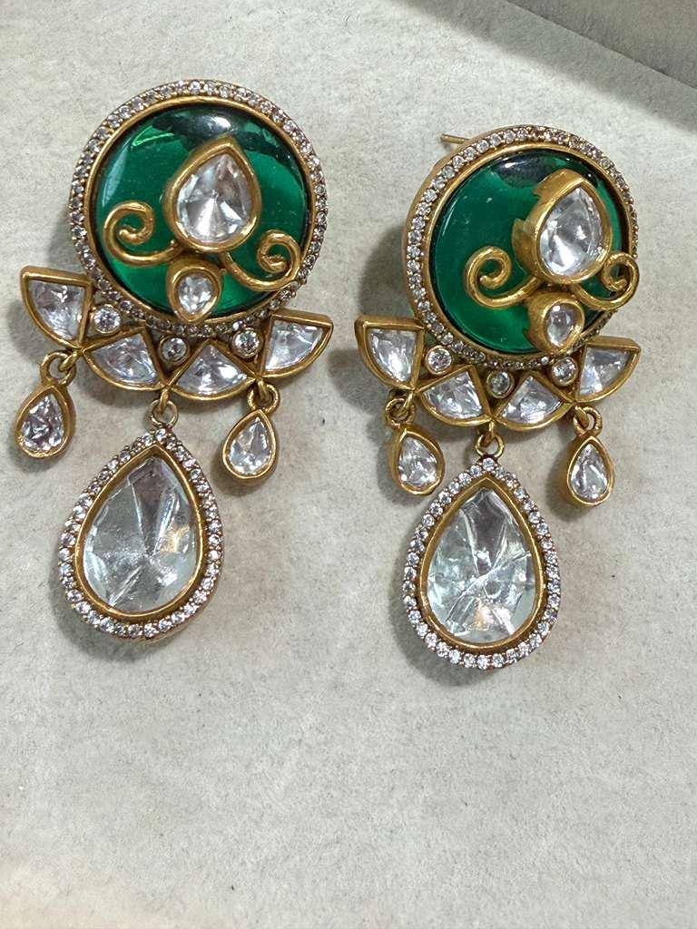 Gold Plated Green Statement Drop Earrings, Designer Kundan Style CZ Earrings