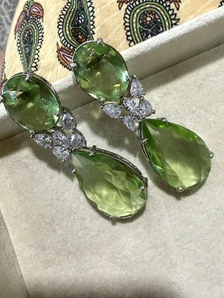 Silver Tone Green Drop Earrings, Faceted Pear Statement Earrings