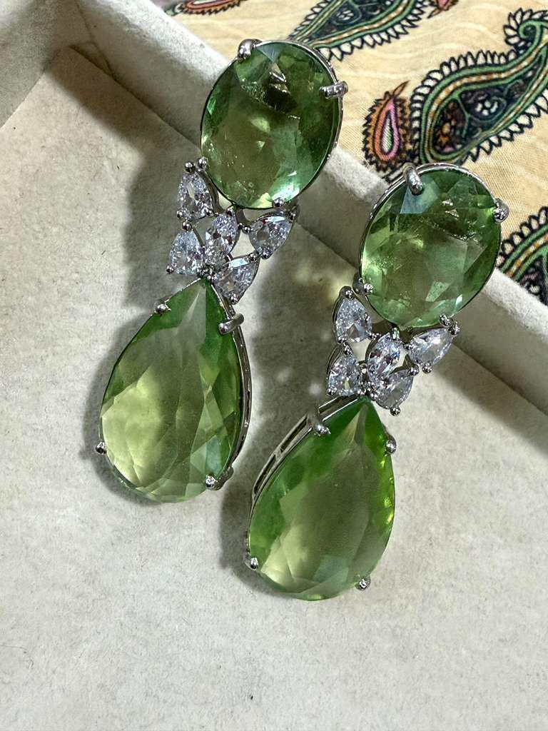 Silver Tone Green Drop Earrings, Faceted Pear Statement Earrings