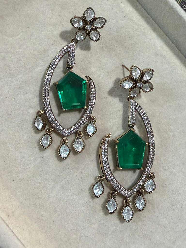 Gold Plated Emerald Green Statement Earrings, Designer CZ Drop Earrings