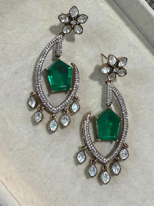 Gold Plated Emerald Green Statement Earrings, Designer CZ Drop Earrings