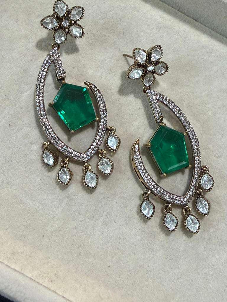 Gold Plated Emerald Green Statement Earrings, Designer CZ Drop Earrings