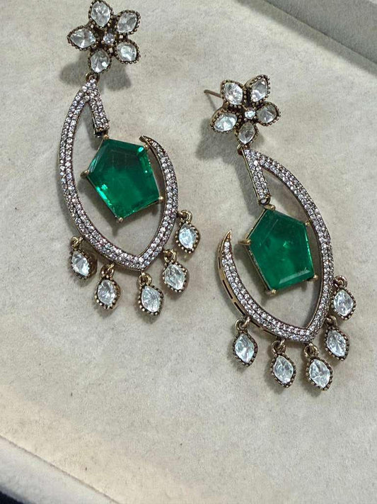 Gold Plated Emerald Green Statement Earrings, Designer CZ Drop Earrings