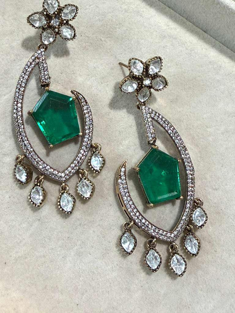 Gold Plated Emerald Green Statement Earrings, Designer CZ Drop Earrings