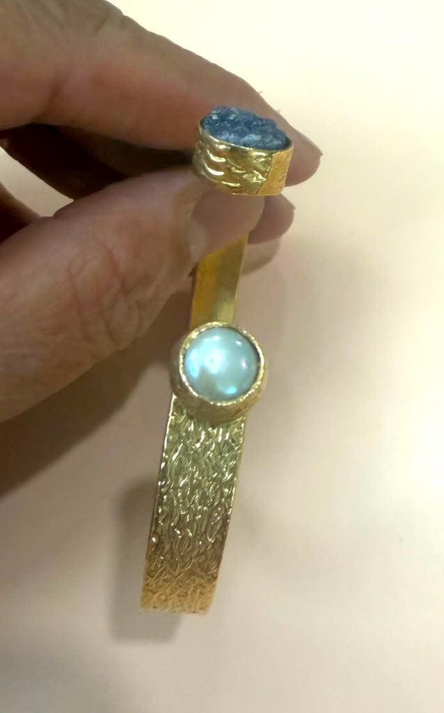 Gold Plated Gemstone Cuff Bracelet, Blue Stone Open Bangle, Minimalist Adjustable Bracelet