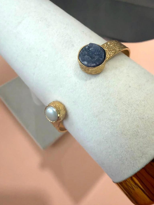 Gold Plated Gemstone Cuff Bracelet, Blue Stone Open Bangle, Minimalist Adjustable Bracelet