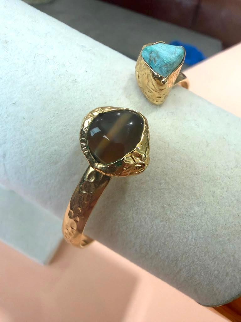 Gold Plated Natural Gemstone Cuff Bracelet, Adjustable Open Bangle