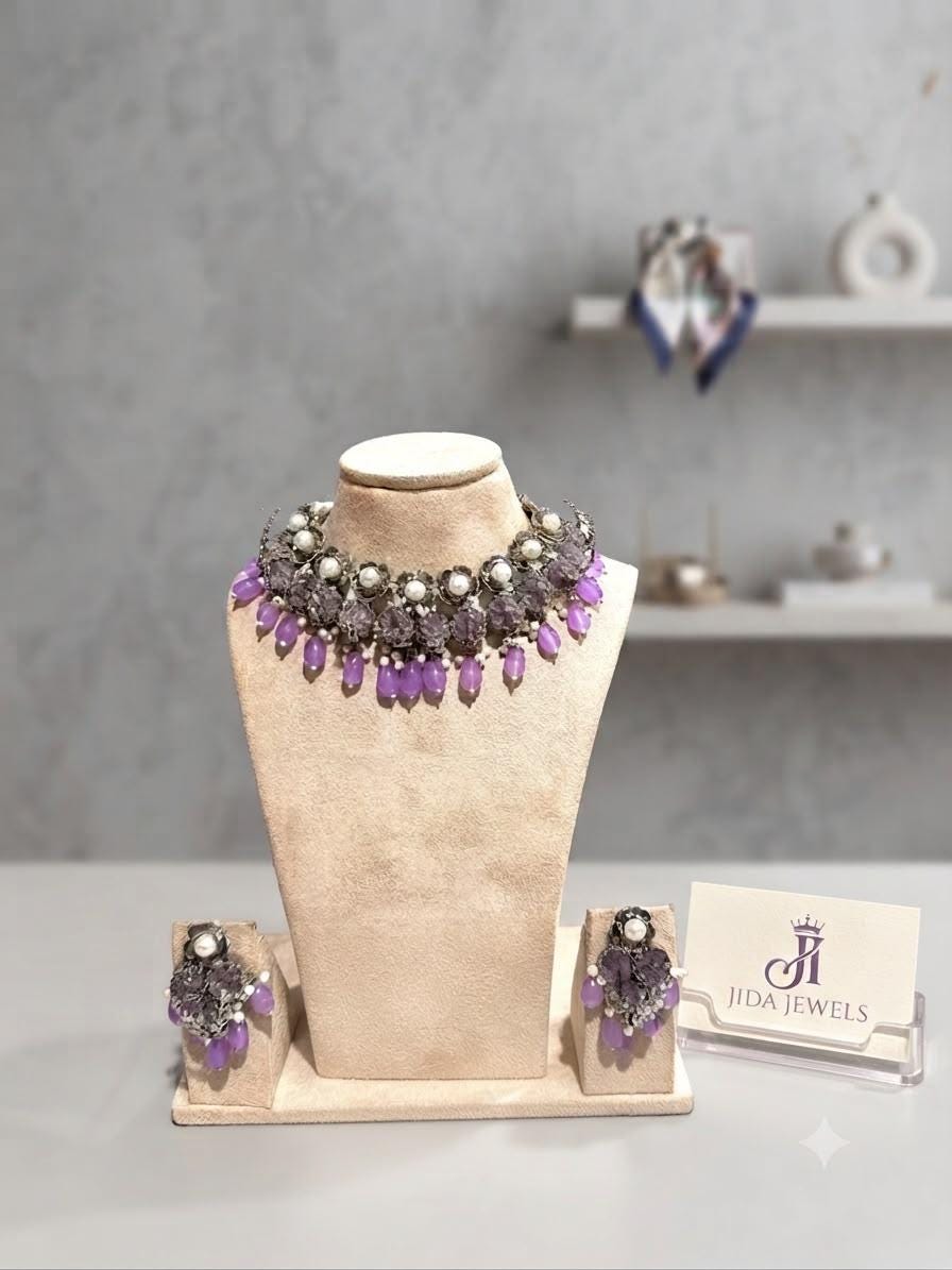 Purple Bridal Choker Necklace Set with Matching Jewelry for Special Occasions