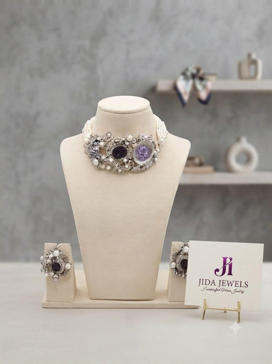 Floral Necklace Set,lilac Statement Choker/ Necklace, Matching Earrings, Wedding Jewelry