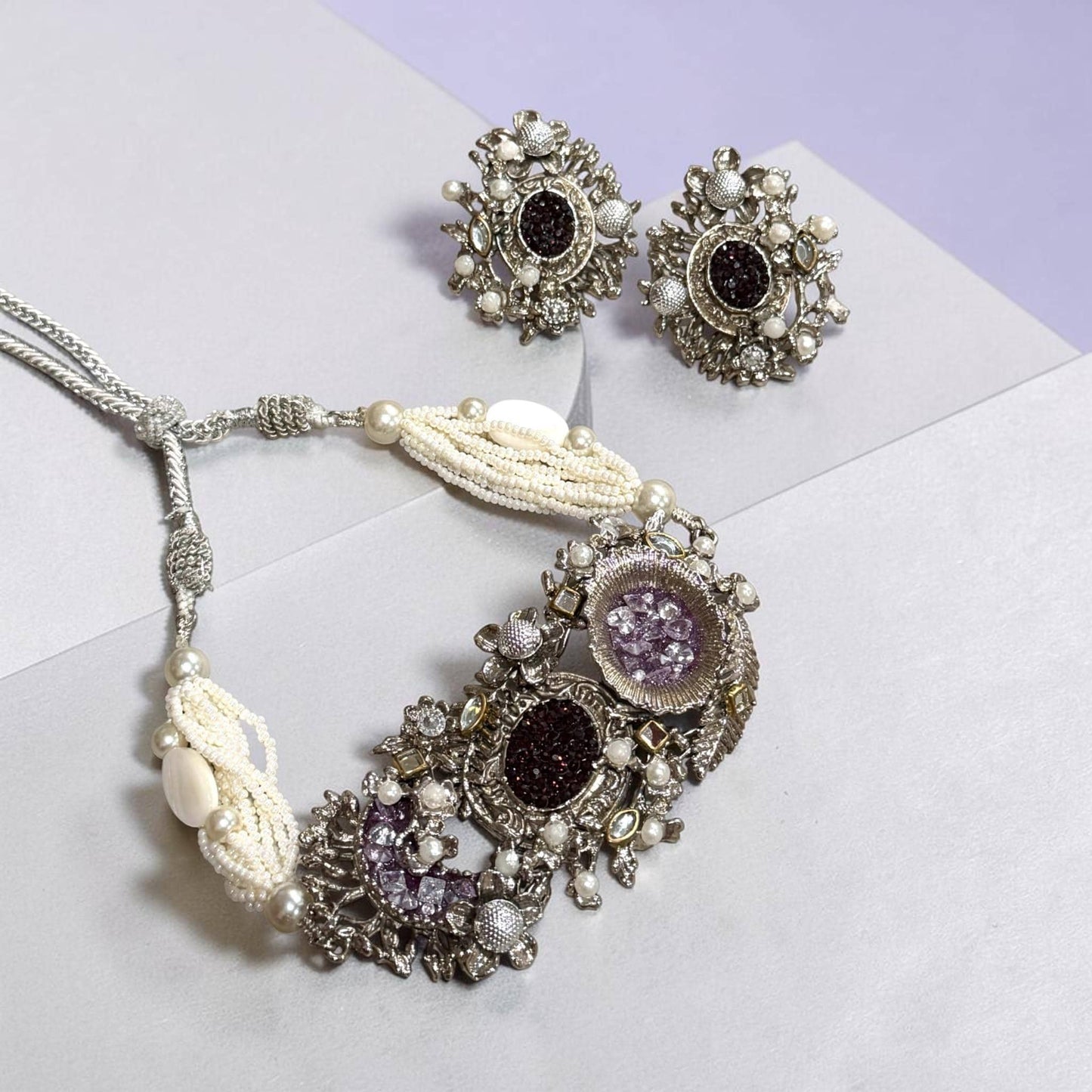 Floral Necklace Set,lilac Statement Choker/ Necklace, Matching Earrings, Wedding Jewelry