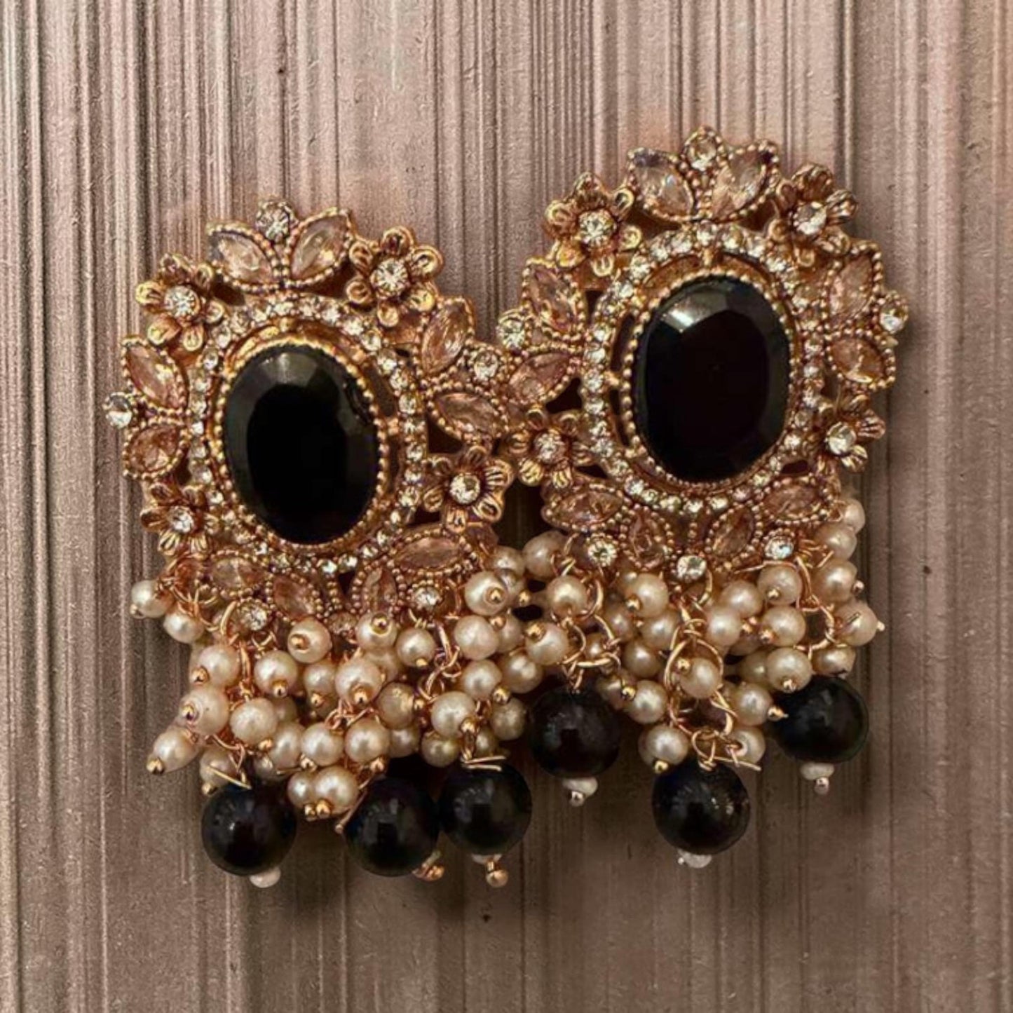 Black Pearl Floral Statement Earrings, Rose Gold Earrings, Indian Party , Wedding Jewelry
