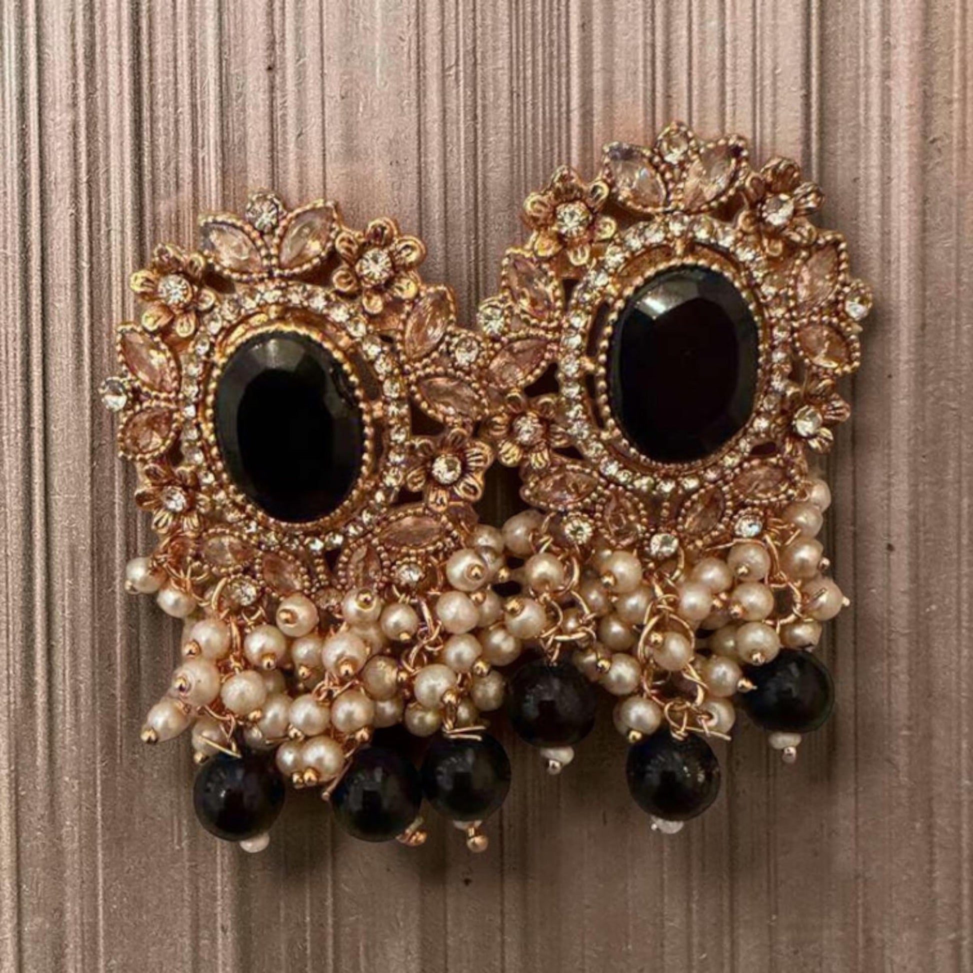 Black Pearl Floral Statement Earrings, Rose Gold Earrings, Indian Party , Wedding Jewelry