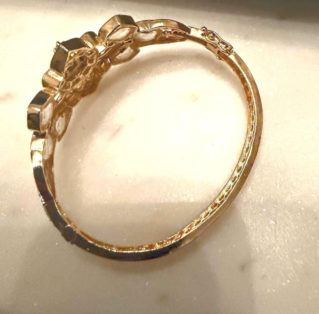 Gold Plated Floral Kundan Style Bracelet, Statement Cuff Bracelet