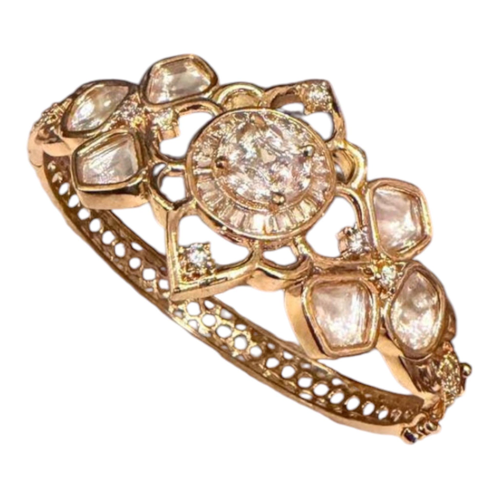Gold Plated Floral Kundan Style Bracelet, Statement Cuff Bracelet