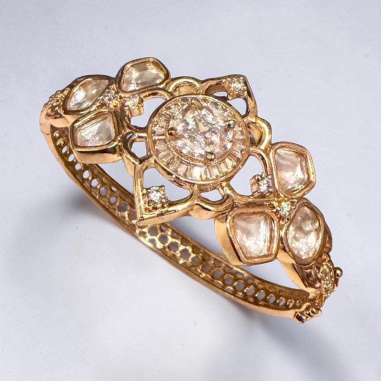Gold Plated Floral Kundan Style Bracelet, Statement Cuff Bracelet