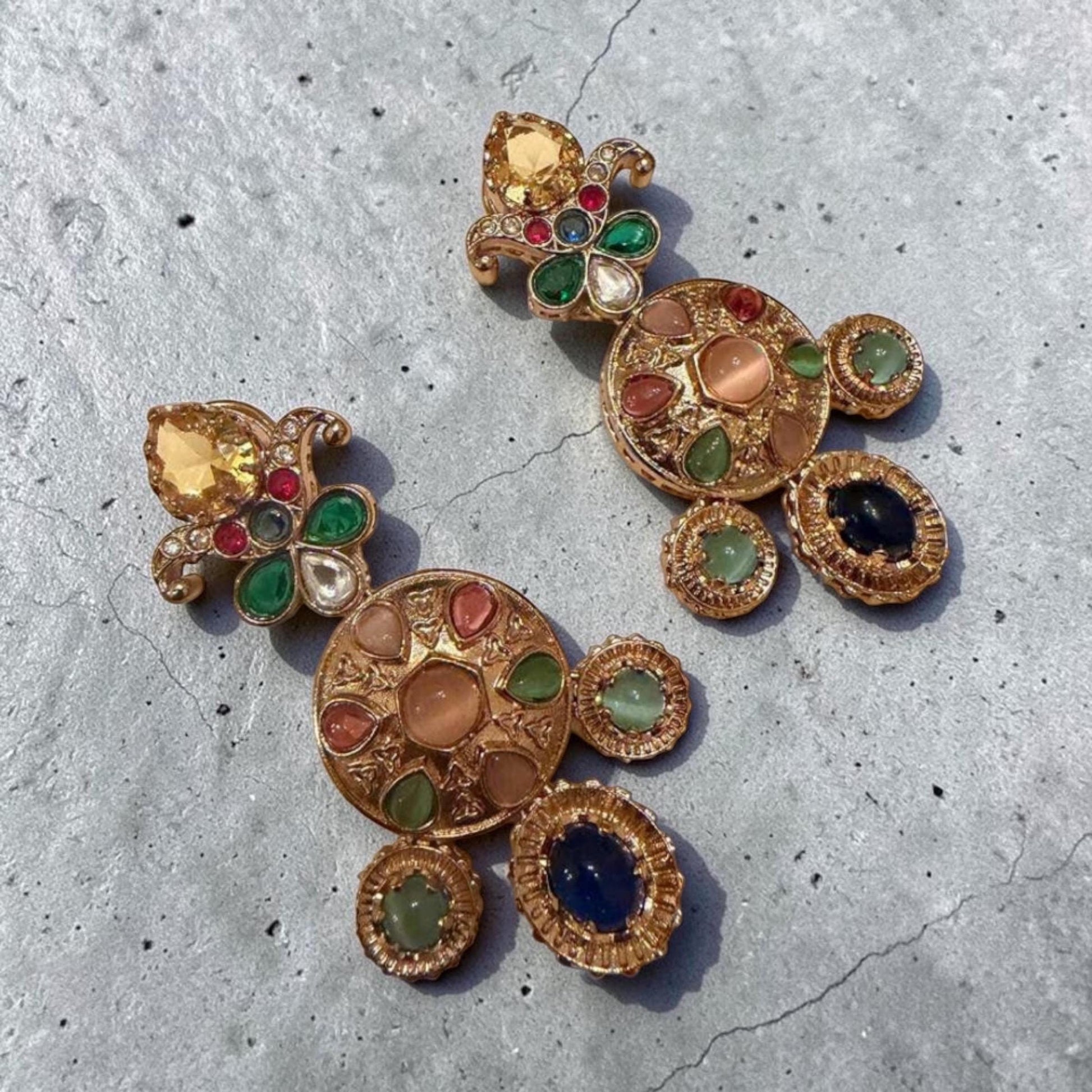 Gold Plated Multicolor Statement Earrings, Kundan Style Drop Earrings