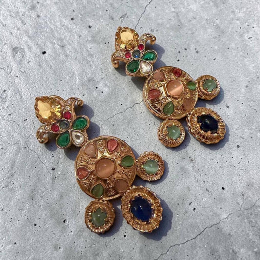 Gold Plated Multicolor Statement Earrings, Kundan Style Drop Earrings