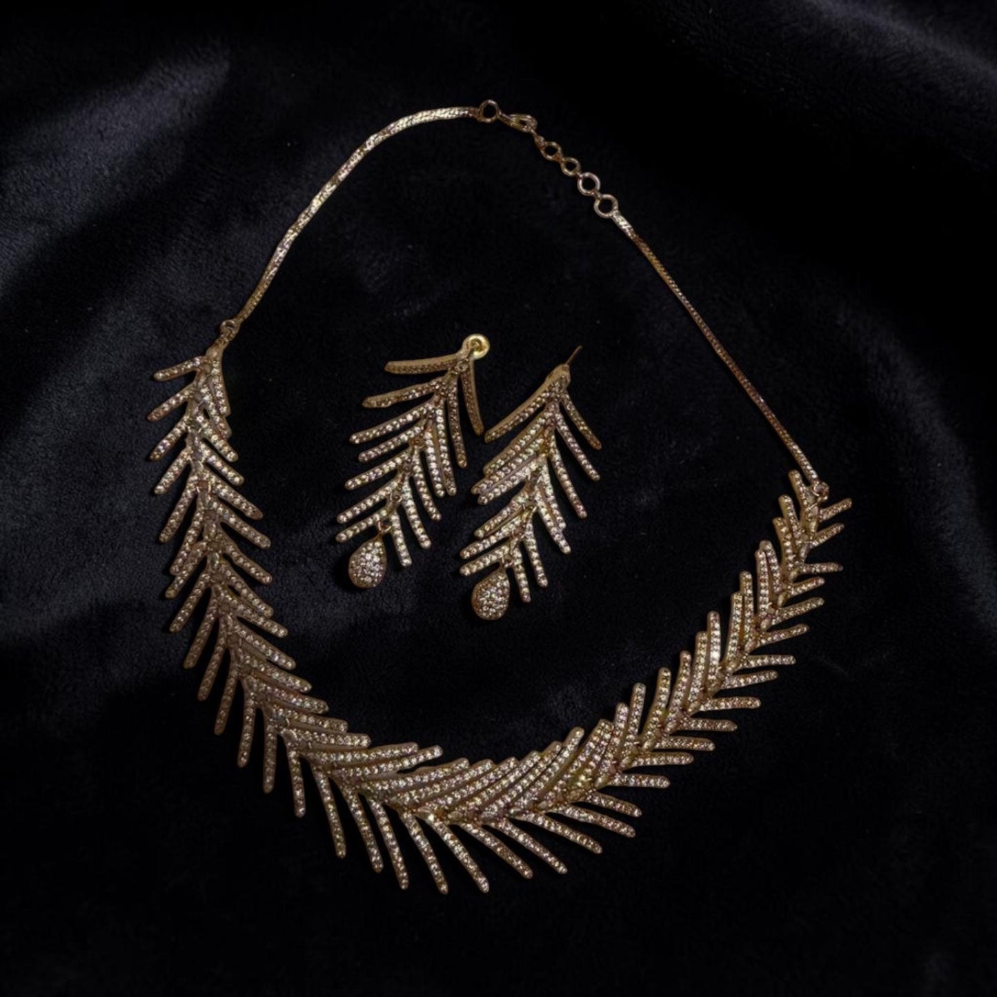 Leaf Design Choker Set, Gold Plated CZ Choker, Statement Necklace