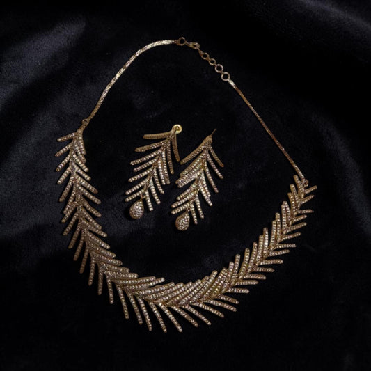 Leaf Design Choker Set, Gold Plated CZ Choker, Statement Necklace
