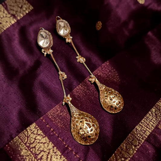 Gold Plated Filigree Drop Earrings, Kundan Style Dangle Earrings