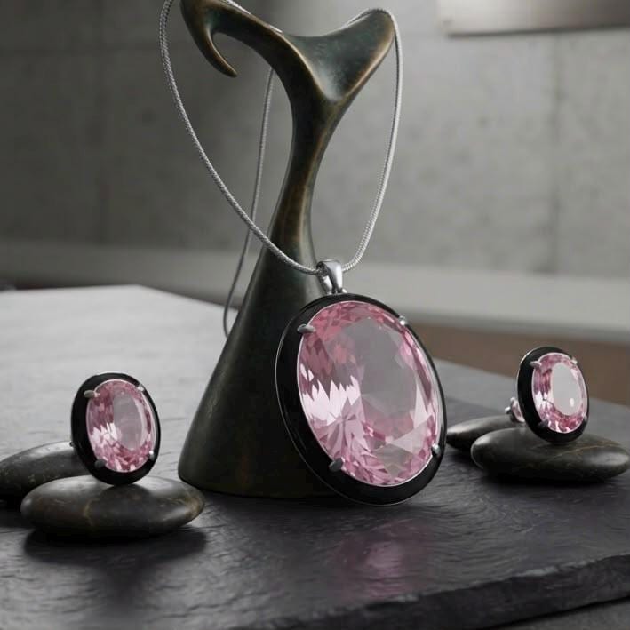 Stylish Modern pentend Set with black enamel , soft rose hue with Matching studs for Every Special Occasion