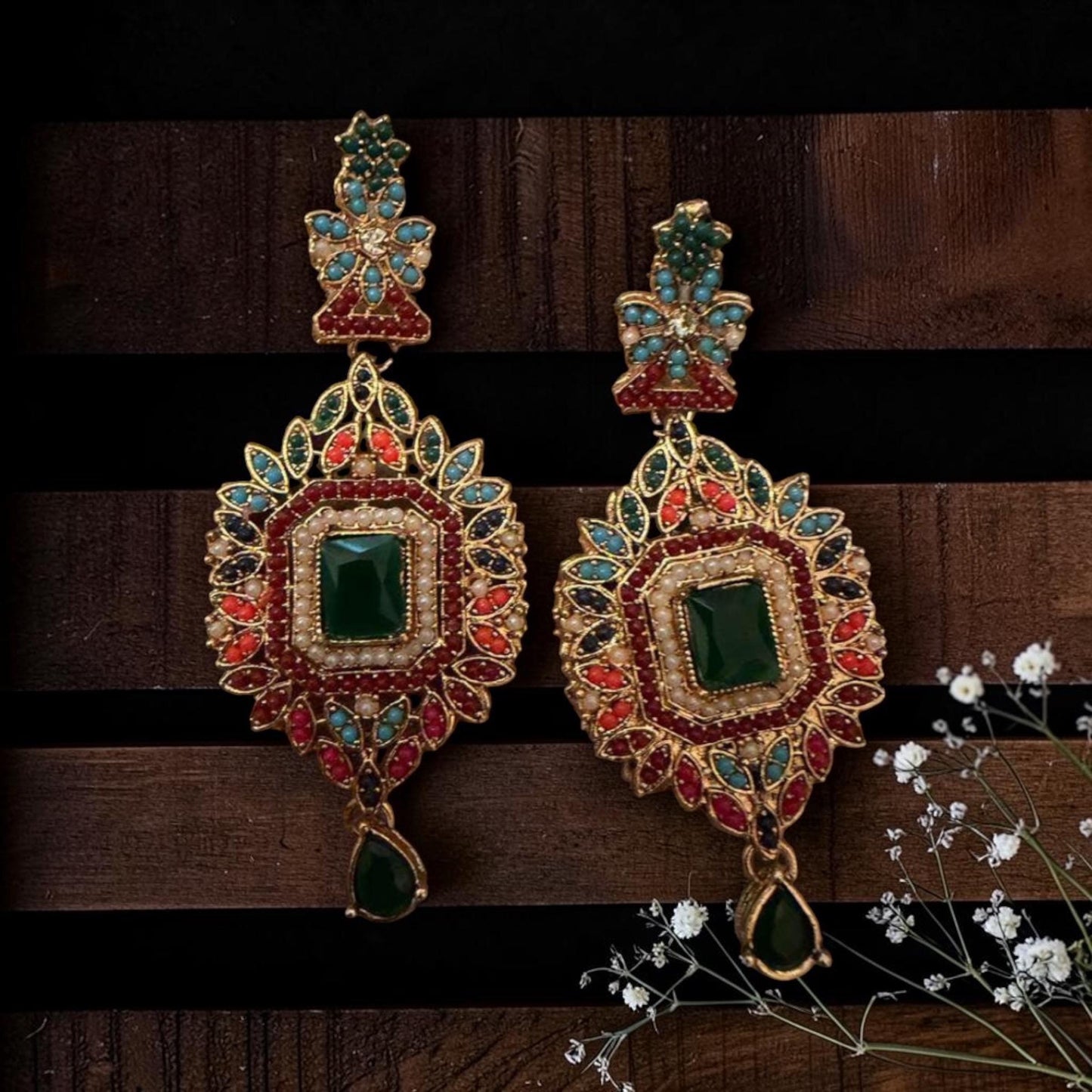 Multicolor Emerald Statement Earrings, Kundan Style Dangle Earrings, Indian Bridal Jewelry, Pakistani Wedding