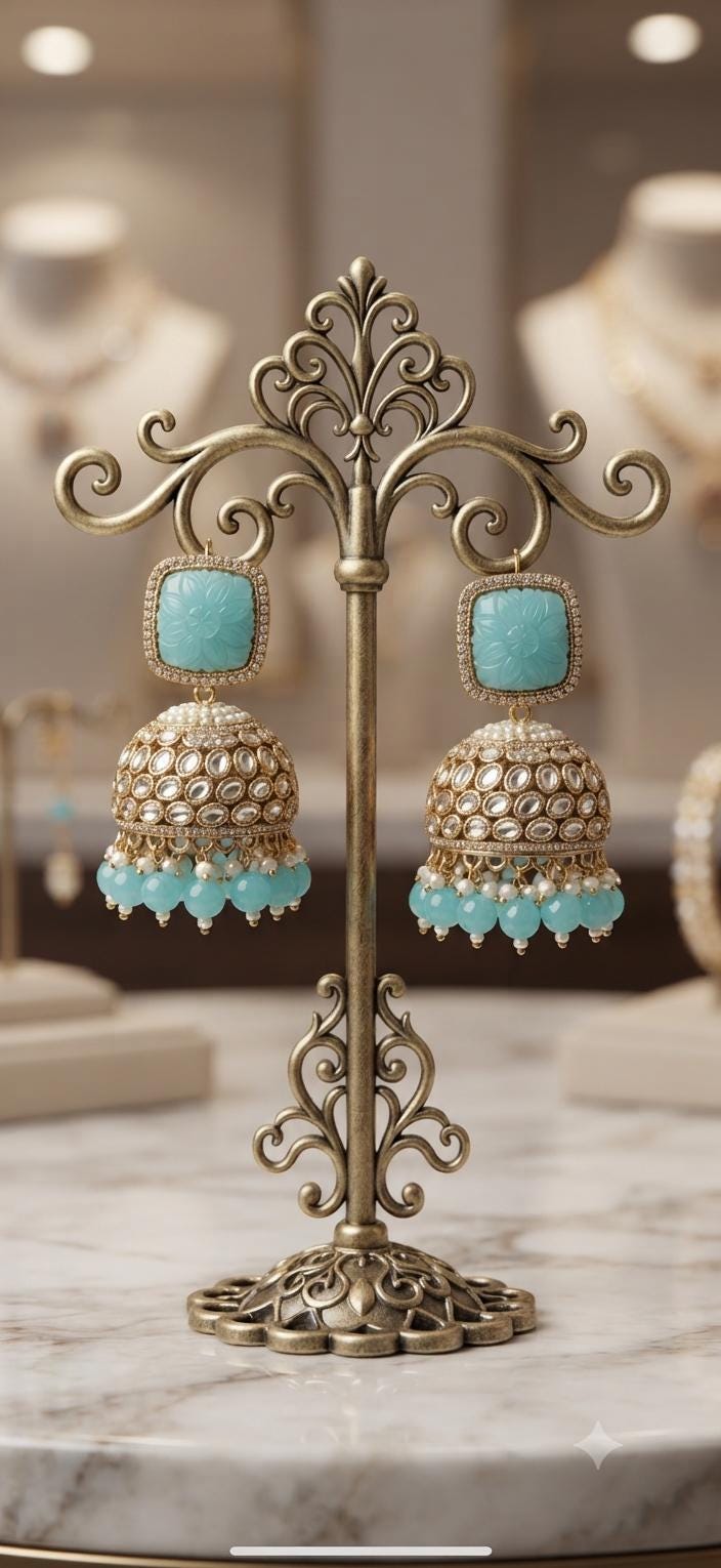 Turquoise Jhumka Earrings, Kundan Style Gold Tone Statement Earrings