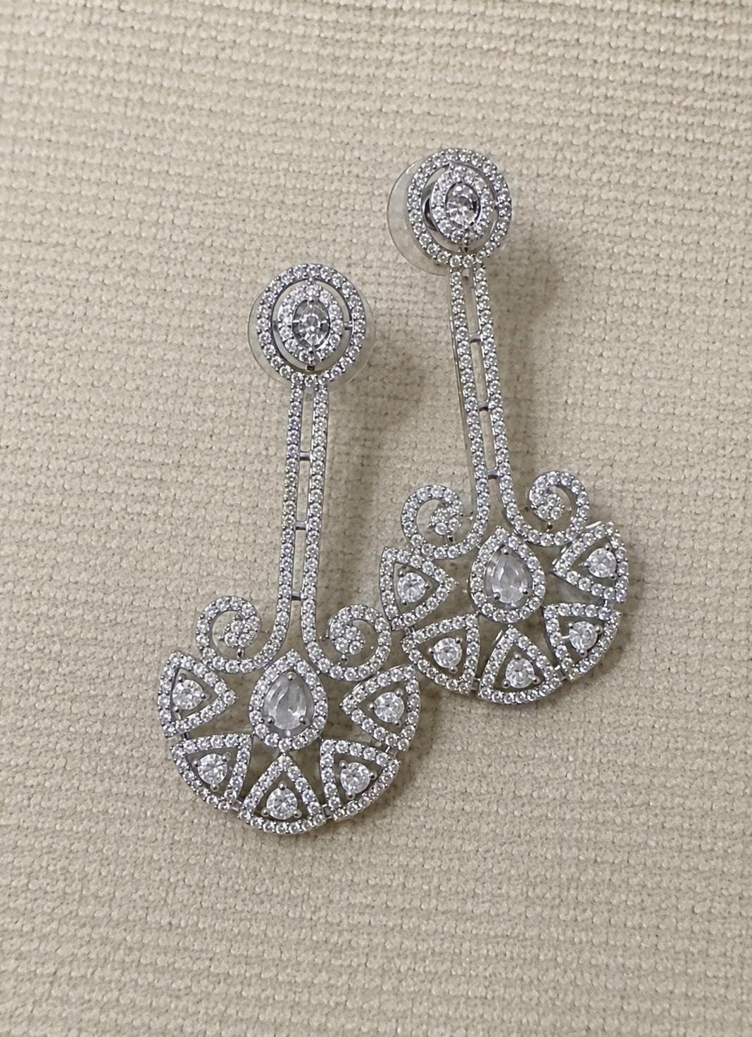 Vintage Silver Tone Statement Drop Earrings, Art Deco Dangle Earrings