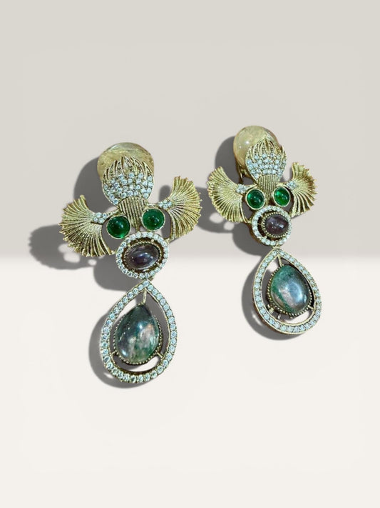 Green Gemstone Statement Drop Earrings, Vintage Gold Tone Dangle Earrings