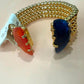 Gold Plated Adjustable Open Cuff Bracelet, Blue & Orange Gemstone Bangle