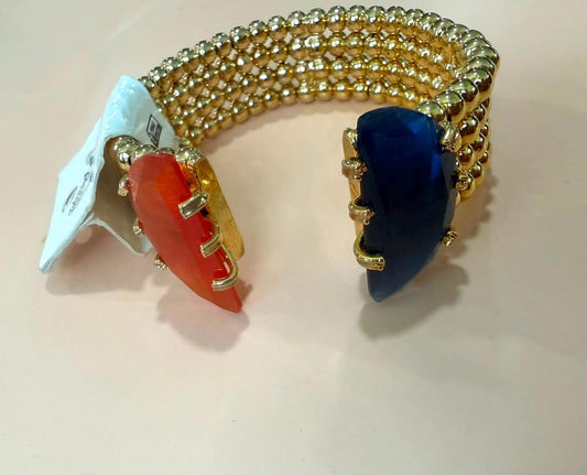 Gold Plated Adjustable Open Cuff Bracelet, Blue & Orange Gemstone Bangle