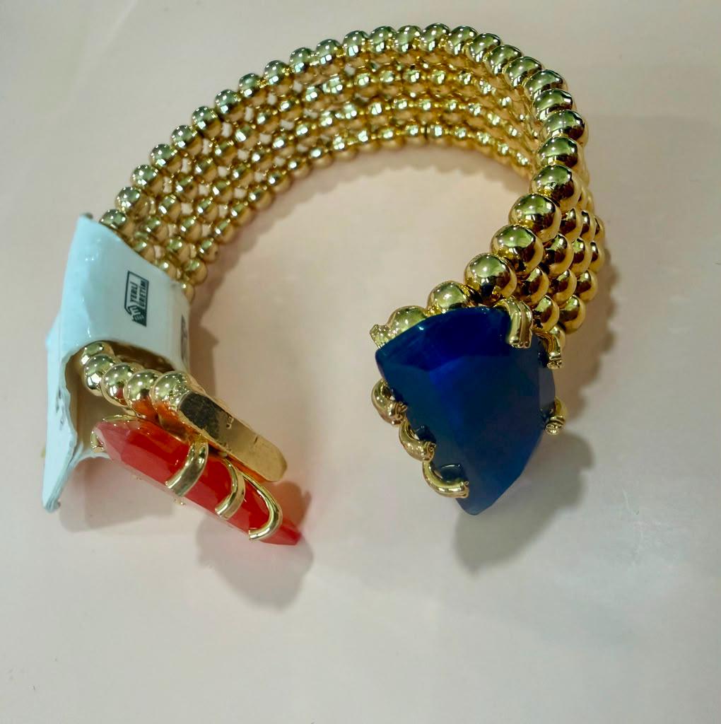 Gold Plated Adjustable Open Cuff Bracelet, Blue & Orange Gemstone Bangle