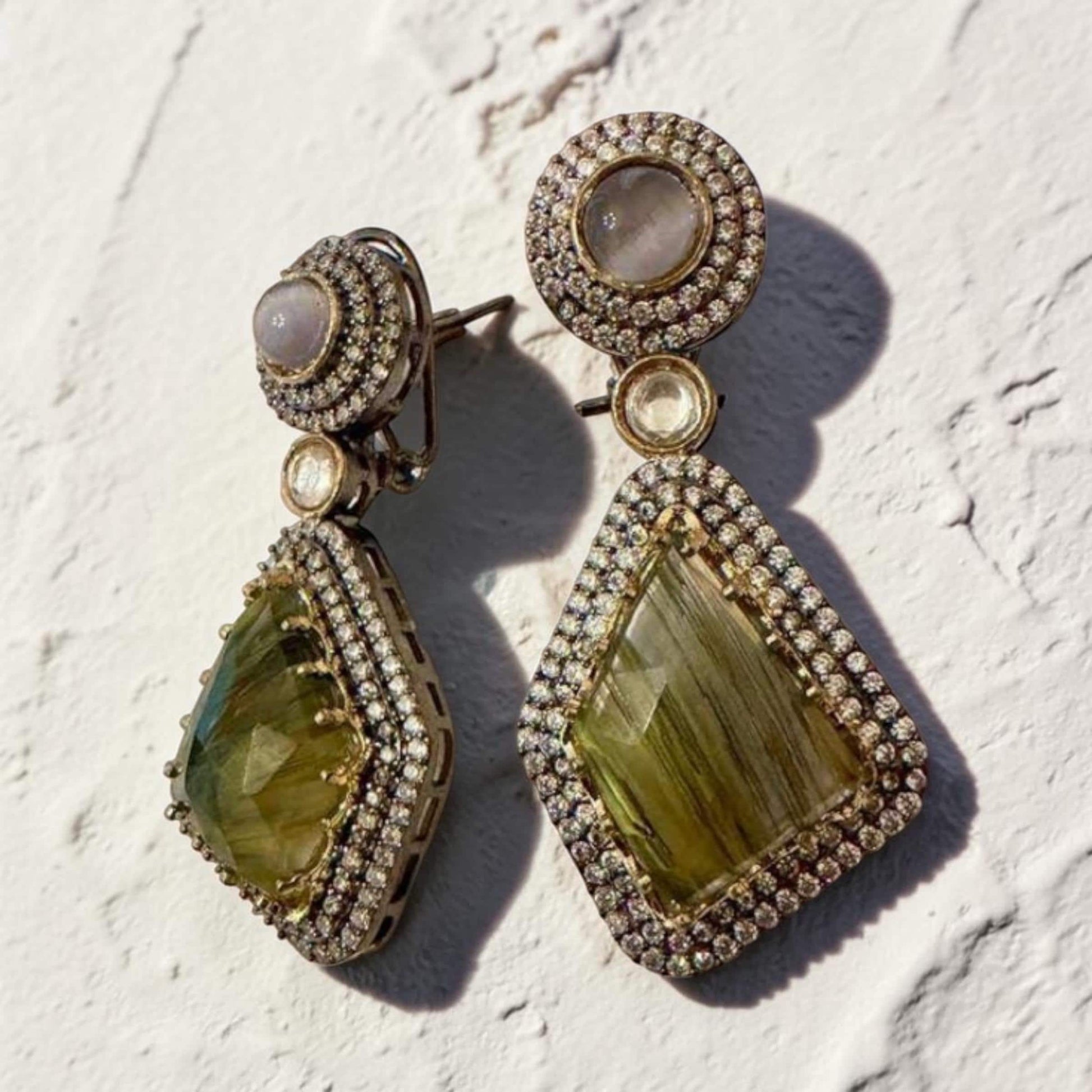Green Gemstone Drop Earrings, Vintage Statement Dangle Earrings