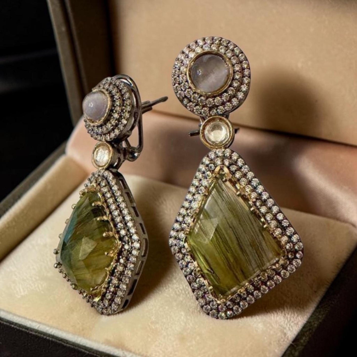 Green Gemstone Drop Earrings, Vintage Statement Dangle Earrings