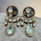Kundan Style Statement Drop Earrings, Vintage Gold Tone Bridal Earrings