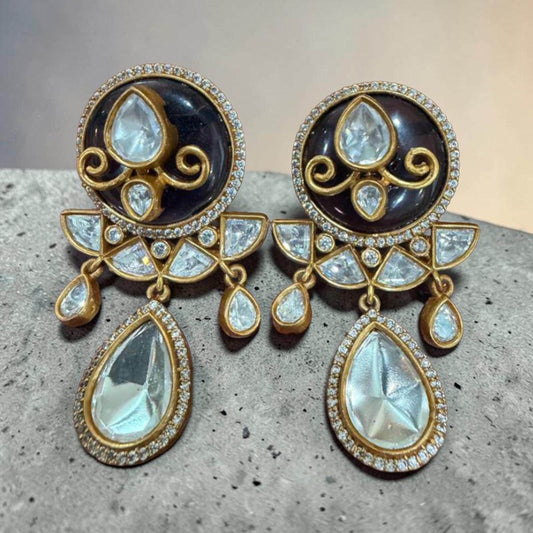Kundan Style Statement Drop Earrings, Vintage Gold Tone Bridal Earrings