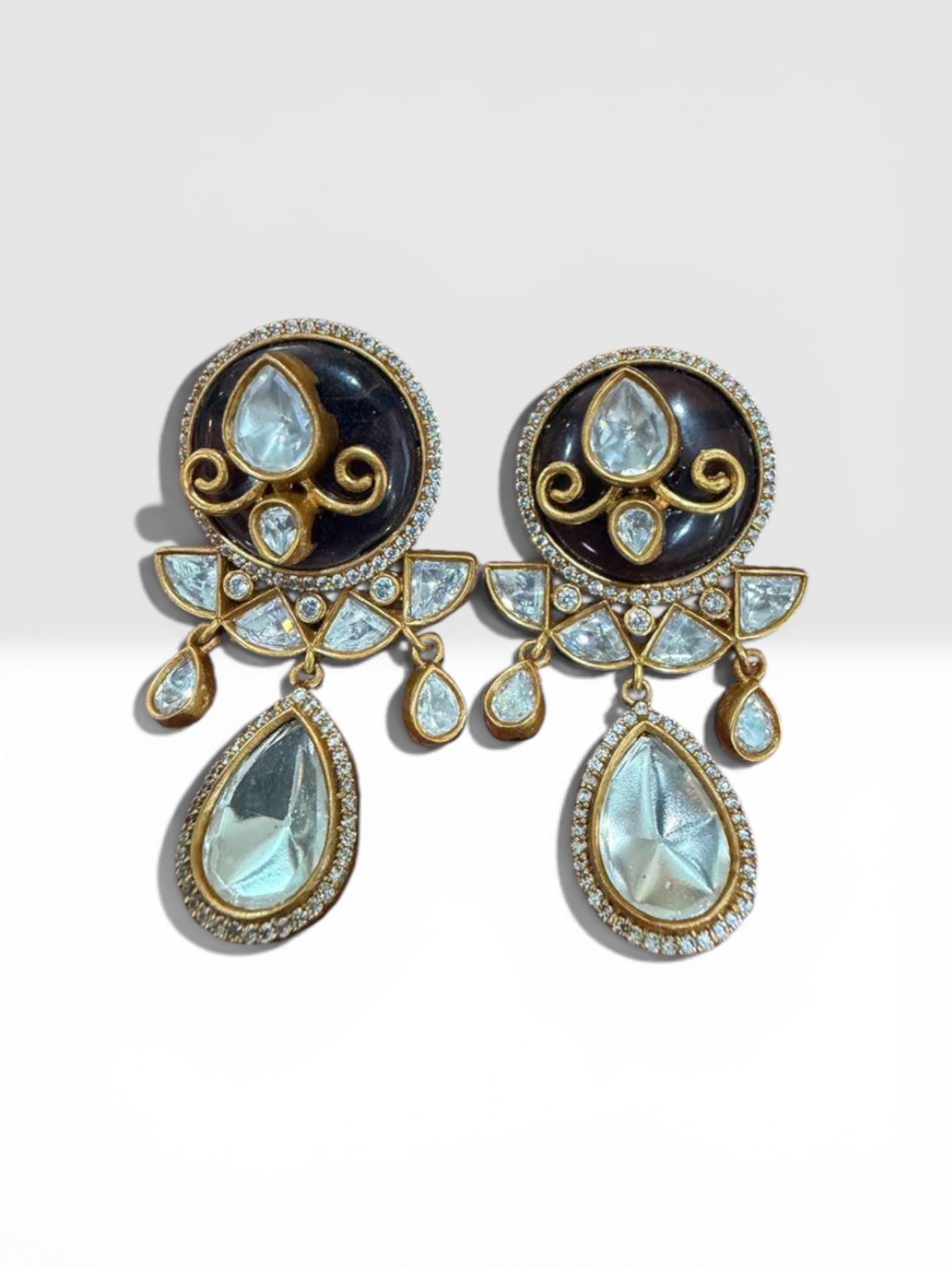 Kundan Style Statement Drop Earrings, Vintage Gold Tone Bridal Earrings