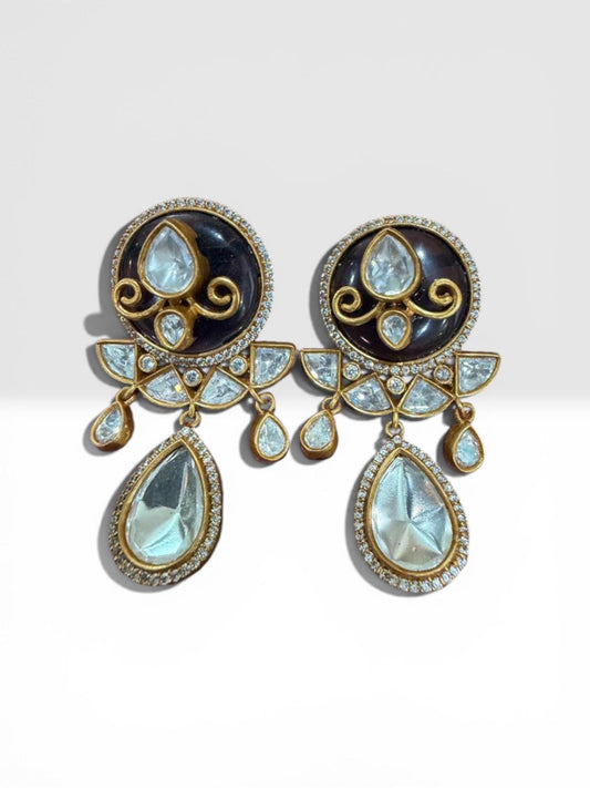 Kundan Style Statement Drop Earrings, Vintage Gold Tone Bridal Earrings