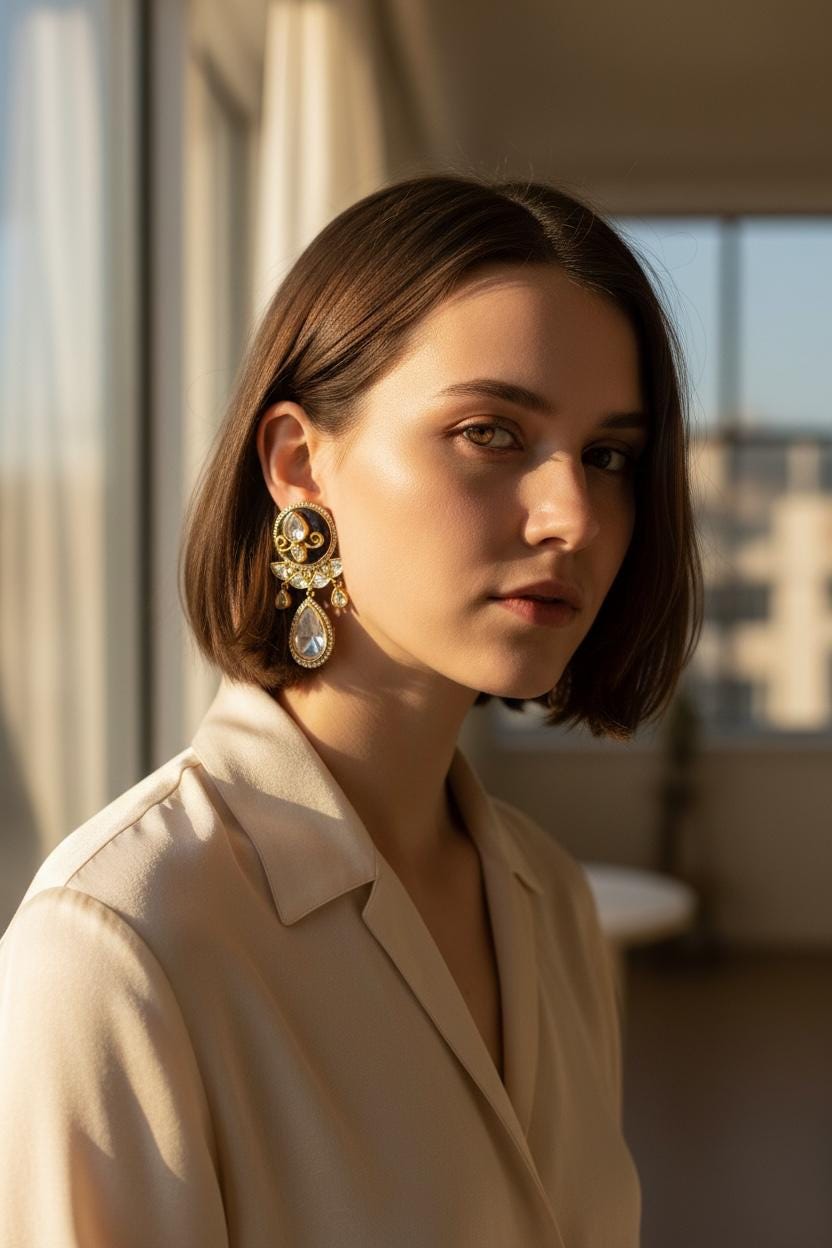 Kundan Style Statement Drop Earrings, Vintage Gold Tone Bridal Earrings
