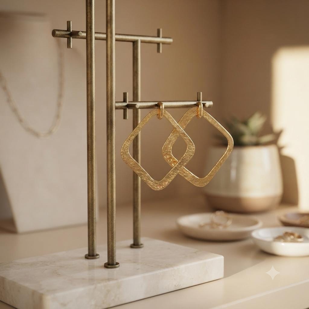 Minimalist Geometric Hoop Earrings, Hammered Gold Tone Statement Earrings
