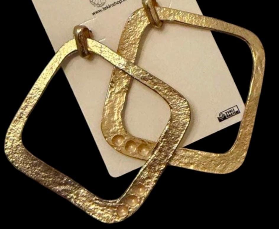 Minimalist Geometric Hoop Earrings, Hammered Gold Tone Statement Earrings