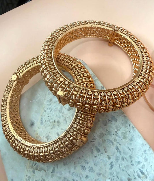 Gold Plated Hinged Bangle Set, Handmade Designer Kada Bracelets, Traditional Indian Bangles