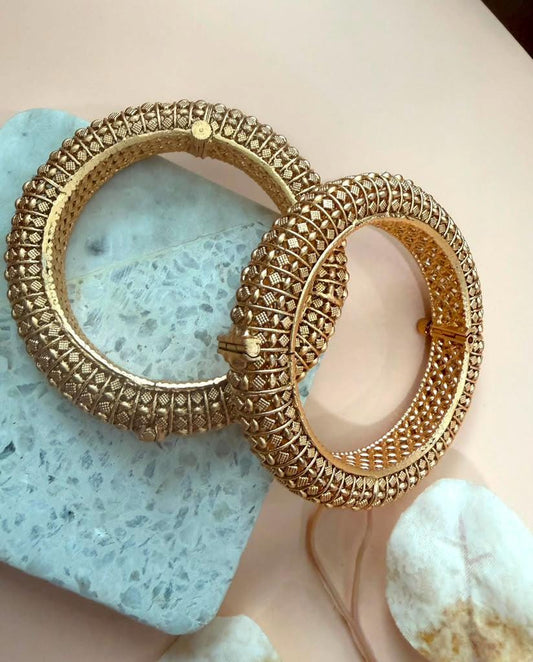 Gold Plated Hinged Bangle Set, Handmade Designer Kada Bracelets, Traditional Indian Bangles