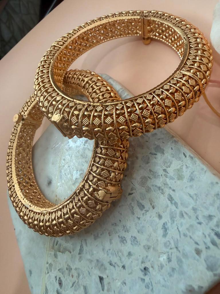 Gold Plated Hinged Bangle Set, Handmade Designer Kada Bracelets, Traditional Indian Bangles
