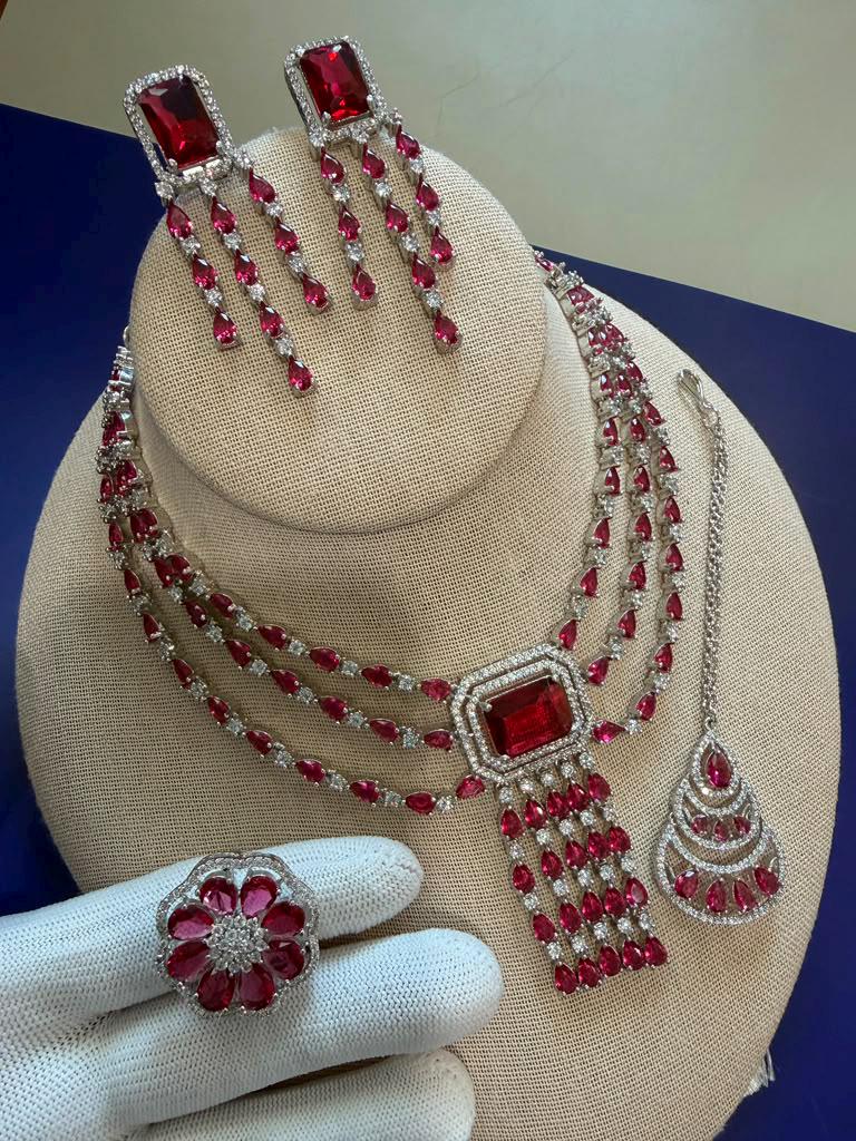 Luxury Silver Tone Ruby Red Bridal Jewelry Set with Matching Earrings and Ring