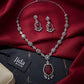 Elegant Silver Tone Ruby Red Bridal Necklace Set with Matching Earrings for Special Occasions