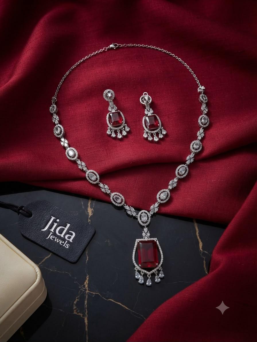 Elegant Silver Tone Ruby Red Bridal Necklace Set with Matching Earrings for Special Occasions