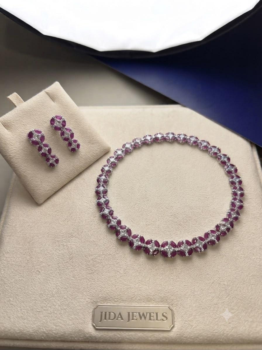 Elegant Cz and pink Ruby stones Bridal Necklace Set with Matching Earrings for Weddings