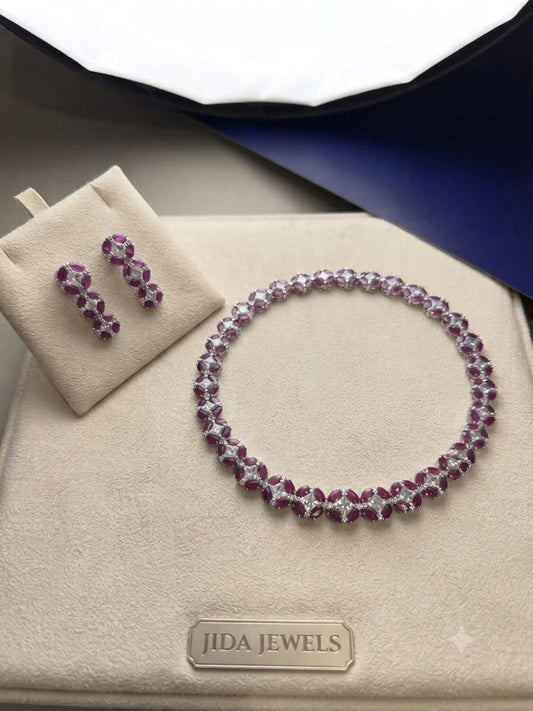 Elegant Cz and pink Ruby stones Bridal Necklace Set with Matching Earrings for Weddings